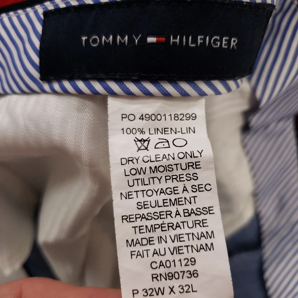 Tommy Hilfiger Dress Pants Men 32x32 Blue 100% Linen Flat Front Trousers Raw Hem